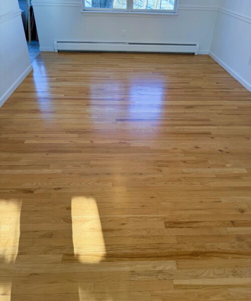 Empty room with light hardwood floor, white walls, and a baseboard heater under a large window letting in daylight.